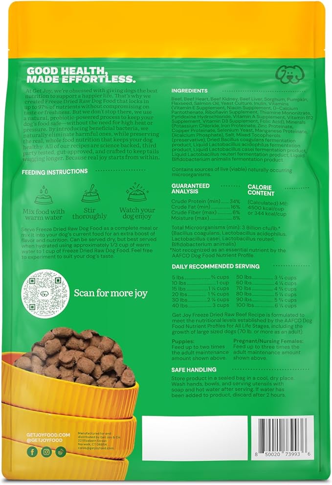 Get Joy Freeze Dried Raw Beef Dog Food, High Protein Grain Free Meal, Topper & Treat, Gut Health Support with Probiotics, Small to Large Breed, 32oz Bag