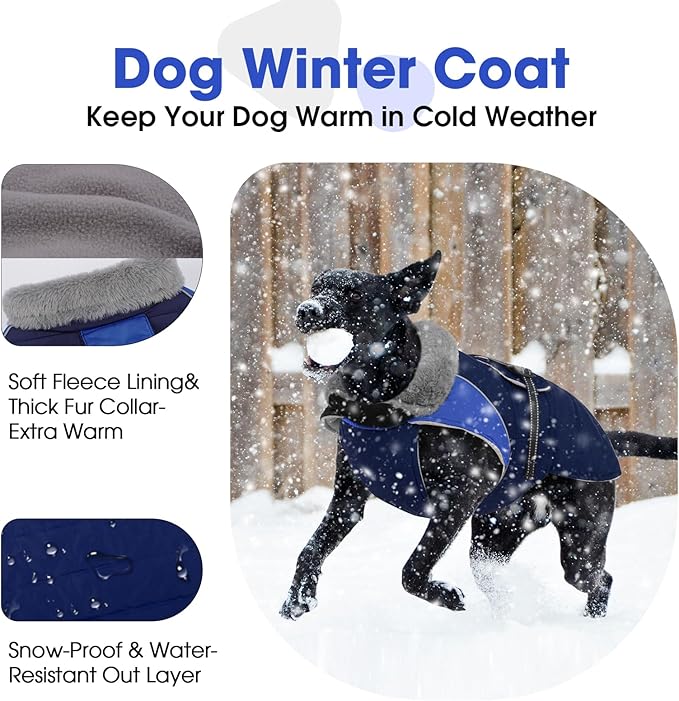 Nanaki Dog Coat Jacket for Large Dogs Winter Waterproof, Warm Fleece Lining Furry Collar Large Dog Jacket with Leash Hole, Reflective Cold Weather Pet Jacket Outdoor Walking Hunting,Easy On Blue 3XL