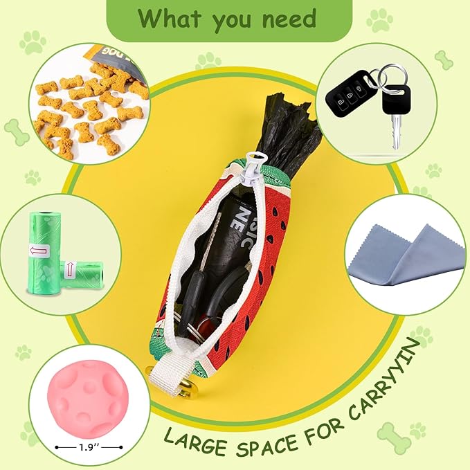 Convenient Dog Poop Bag Holder Leash Attachment with Zipper Case for Potty Bags - Trash Bag Carrier Accessory Dispenser for Poo Bags,Watermelon,Medium