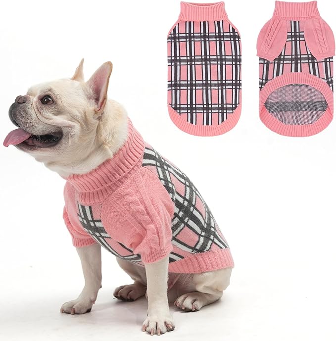 SCENEREAL Turtleneck Dog Sweater for Small Medium Large Dogs Girls Boys, Christmas Plaid Pullover Puppy Sweatershirt, Dogs Cold Weather Outfit Clothes, Ideal Gift for Pet in New Year, Pink Plaid SM
