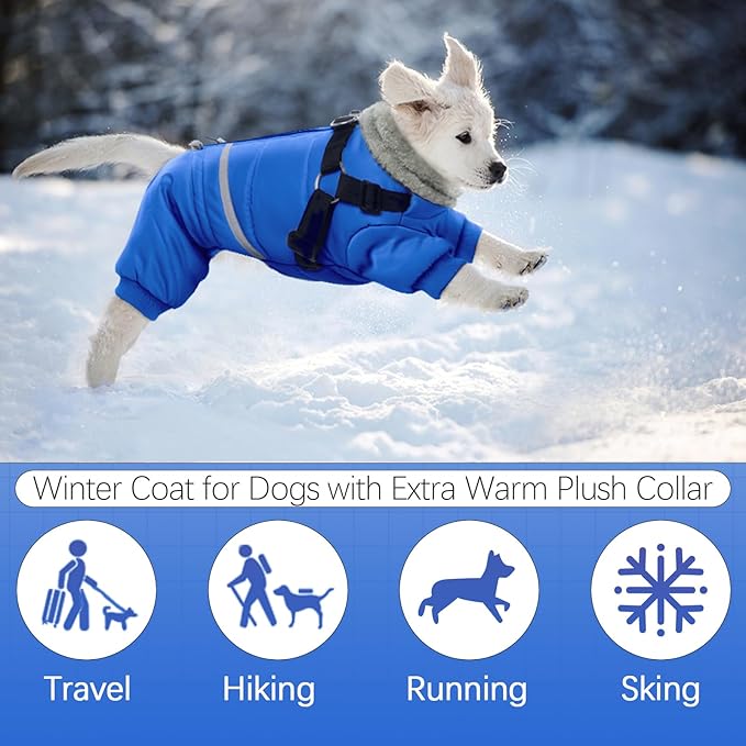 BRKURLEG Blue Dog Winter Coat, Cozy Winter Dog Jackets, Small Dogs Coat with Harness, Onesie Body Warm Puppy Christmas Jacket, Pet Reflective Cold Weather Jackets, Puppy Four-Legged Puffer Coats, XL