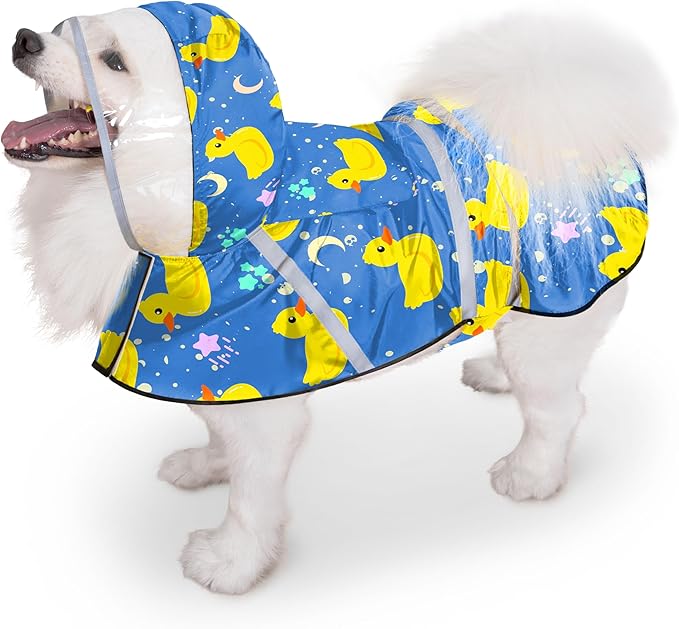 Dog Raincoat, Adjustable Rain Jacket with Hooded Double Layer for Large Medium Small Dogs Puppies, Lightweight Waterproof Rain Coat Poncho with Reflective Stripe Duck Blue,XXL