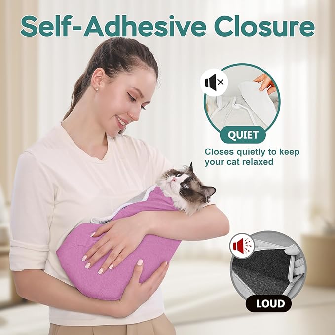 Self-Adhesive Cat Grooming Wrap, Cozy Cat Wrap for Cutting Nails, Breathable Anti-Scratch Cat Swaddle Bag for Brushing, Ear Cleaning, Dental Care, Medication, Injections, Pinkish Purple S