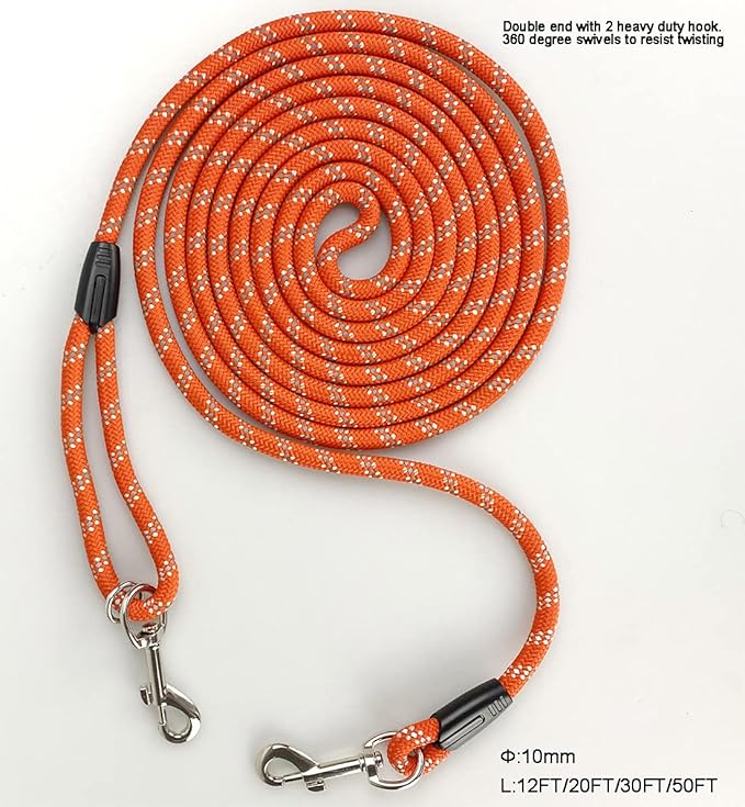 Long Rope Dog Leash for Dog Training 12FT 20FT 30FT 50FT, Reflective Threads Dog Cat Leashes Tie-Out Check Cord Recall Training Agility Lead for Large Medium Small Dogs (Orange, 10mm*30ft)