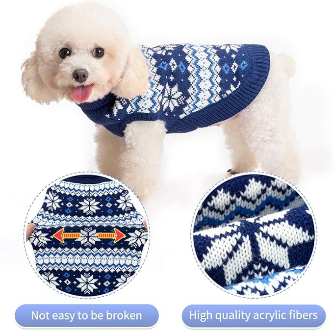 KOOLTAIL Cable Knit Dog Sweater Turtleneck, Cold Weather Pullover Classic Knitwear, Snowflake Pattern Thick Warm Winter Pet Clothes, Dog Christmas Sweater for Small Medium Large Dogs Cats, Navy Blue S