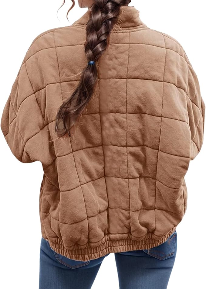LIZALIG Warm Padded Coat for Women Full Zip Quilted Jackets Winter Oversized Causal Solid Color Stand Collar Pockets Coat