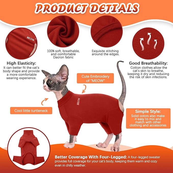 ROZKITCH Sphynx Cat Pajamas Christmas, Breathable Soft Cat Jumpers for Cats Only, Coat with Four Legs, Warm Sweater T-Shirt Pajamas Jumpsuit Vest Cornish Rex Devon Rex Peterbald Red XS