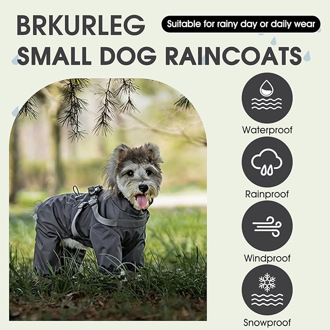 BRKURLEG Dog Raincoat with Harness for Small and Medium Dogs, Adjustable Waterproof Dog Rain Jacket, Reflective Rainproof Puppy 4 Legs Raincoat, Full Body Pet Rain Jacket, Dark Grey, XXXL