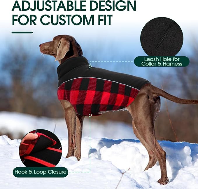 Kuoser Dog Winter Coat, Reversible Waterproof Dog Jacket with Reflective Strip, Warm Dogs Fleece Vest Adjustable Doggy Cold Weather Clothes Plaid Christmas Outfit Pet Apparel for Large Dogs, Red L