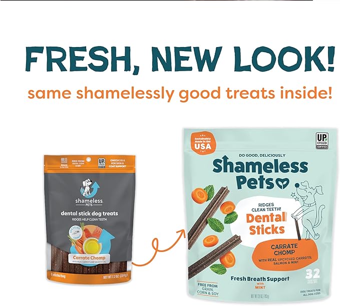 Shameless Pets Dental Treats for Dogs, Carrate Chomp (32 Sticks) - Supports Skin & Coat for Teeth Cleaning & Fresh Breath - Dog Bones Dental Chews Free from Grain, Corn & Soy