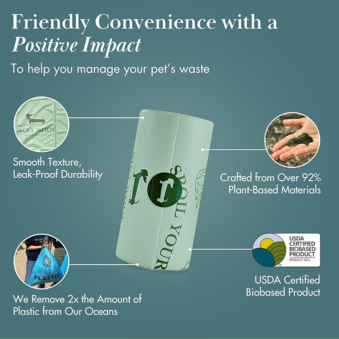 Nina Woof Eco-Friendly 92% Plant-Based Dog Poop Bags Rolls -180 Extra Thick, Durable, Leak-Proof, Odorless, Convenient Disposal - USDA Certified, Heavy-Duty Trash Bags and Garbage Bags