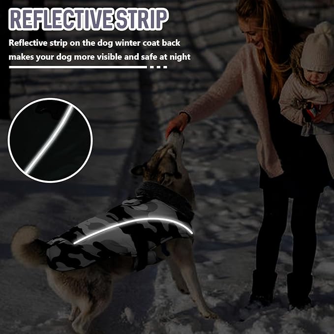 DENTRUN Large Dog Coat - Thick Fleece Lined Reflective Winter Jacket, Snap Closure & Leash Hole, Warm Thick Fleece Lined, Plush Turtleneck Vest for German Shepherd, White Camo, XXL