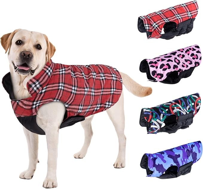 CuteBone Winter Dog Jacket - Reversible, Windproof & Waterproof - Thick, Soft Coat with Leash Hole - Sizes S, M, L - Perfect for Cold Weather