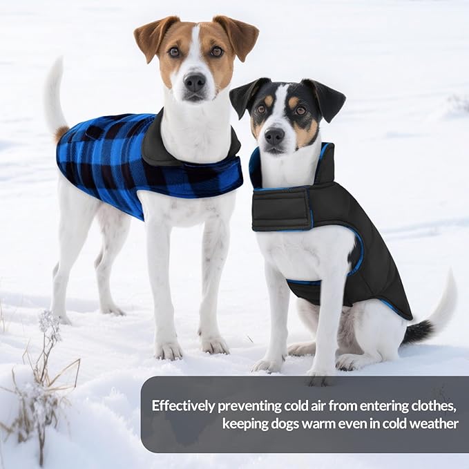 ASENKU Dog Winter Coat, Fleece Doggie Jacket Plaid Reversible Vest Waterproof Windproof Cold Weather Clothes for Small Medium Large Dogs (XS, Blue)