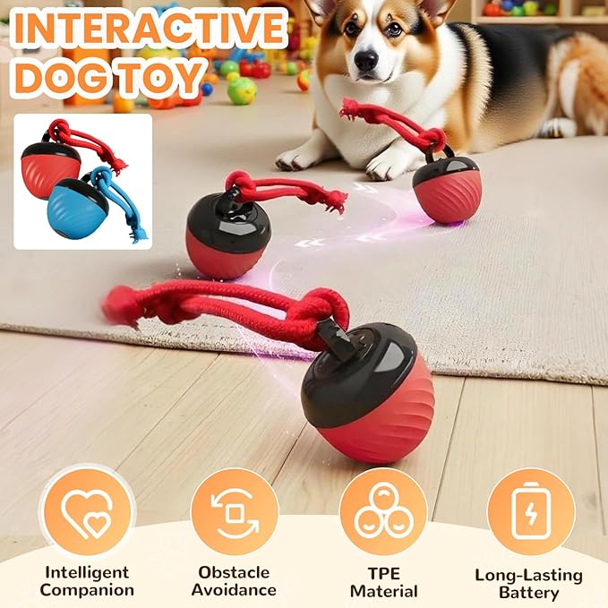 Interactive Dog Toys Ball, 2026 New Smart Pet Puppy Ball with Ropes, Random Path Electric Automatic Moving and Rolling Dogs Toy, for Small Medium Large Dogs Daily Training (Blue)
