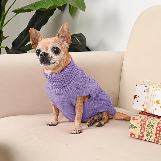 2 Pack Dog Sweaters for Small Dogs Turtleneck Pullover Cable Knit Puppy Stretch Clothes Chihuahua Yorkie Pomeranian Toy Poodle Boy Girl Pets Winter Doggie Clothes (XS, Pink & Purple)
