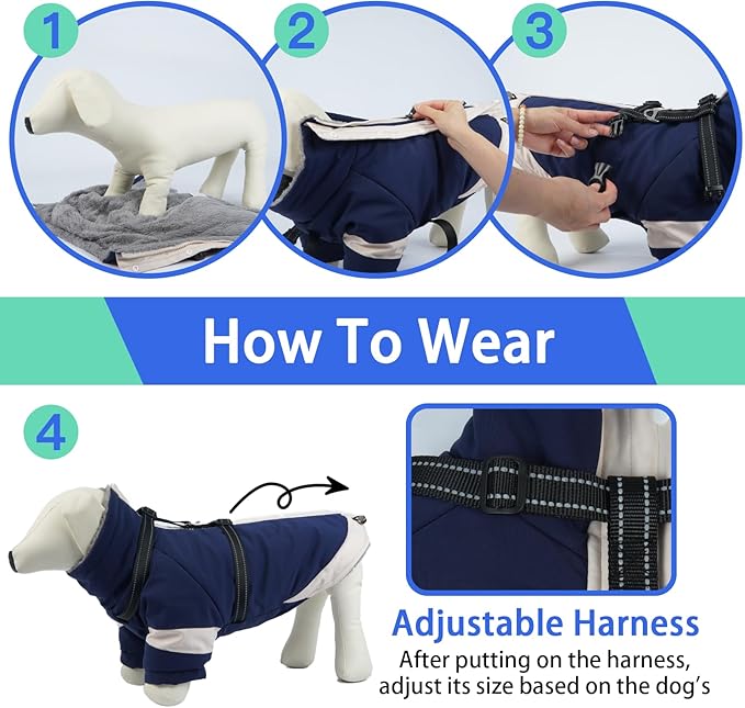 MIGOHI Dog Coat with Harness Built in, 2-in-1 Windproof Dog Jacket, Thermal Fleece Lined Coat with Reflective Strips for Medium Dogs, Zip Up Closure, French Bulldog, Navy Blue, M