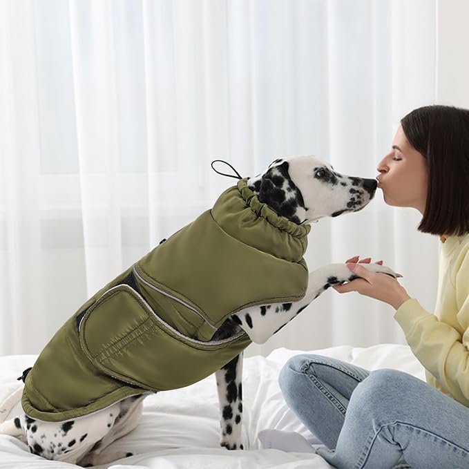 Peferhouse Extra-Large Dog Warm Winter Coat, Windproof Reflective Jacket with Harness Hole, Thick Dog Vest Jacket ArmyGreen XL