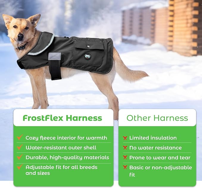 Joyride Harness FrostFlex Dog Winter Jacket - Fleece Lined & Water-Resistant - Snowsuit with Pockets for Treats & Poop Bags - Durable Cold Weather Dog Coat - Black Onyx-S