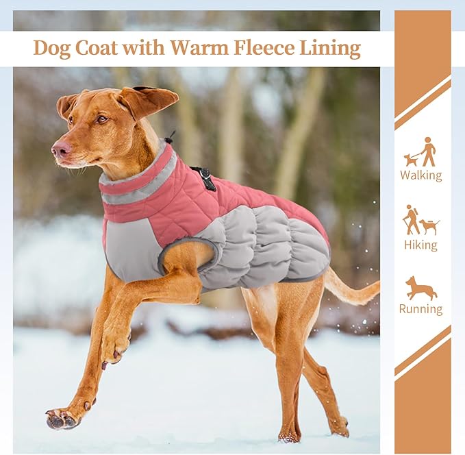 Dog Coats for Large Dogs,XL Dog Coat,Warm Fleece Winter Coat with D-Ring,Back Zipper Pet Jacket for Large Dogs,Waterproof Pet Snow Jacket Clothes Snowsuit Beagle Corgi Border Collie,Pink,XL
