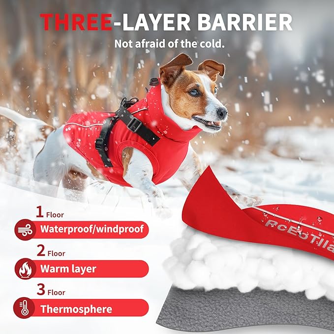 Dog Winter Coat Reflective Water-Resistant Jacket, Fleece Lined Windproof Puppy Coat with Back Zipper & D-Ring, Cold Weather Dog Coats for Small Medium Large Dogs (XXL, Red)
