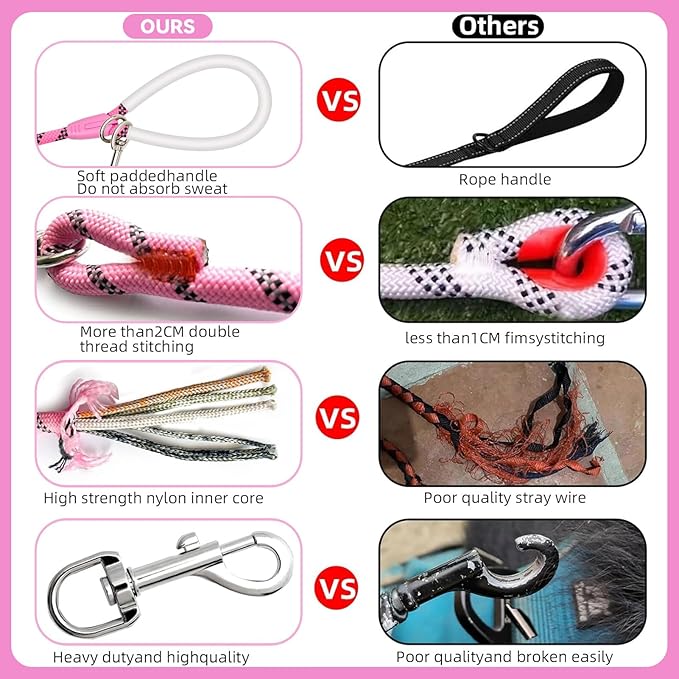 Nylon Dog Leash 6FT 10FT 20FT 30FT Diameter 2/5 Inch with Comfortable Silicone Handle Highly Reflective No Tangle for Medium Large Dogs Outside Walking Camping Backyard. (Pink, 10FT)