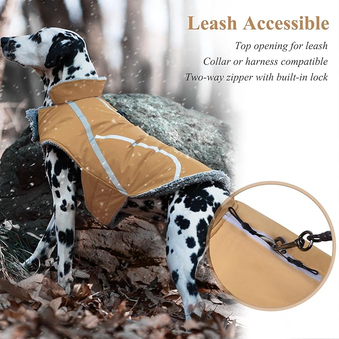 VIVAGLORY Frostfit Dog Coat, Dog Jacket for Winter & Cold Weather, Warm Fluffy Fleece Lined Water Resistant Reflective for Puppy, Coat with Velcro Fastening & Leash Hole, XL, Khaki