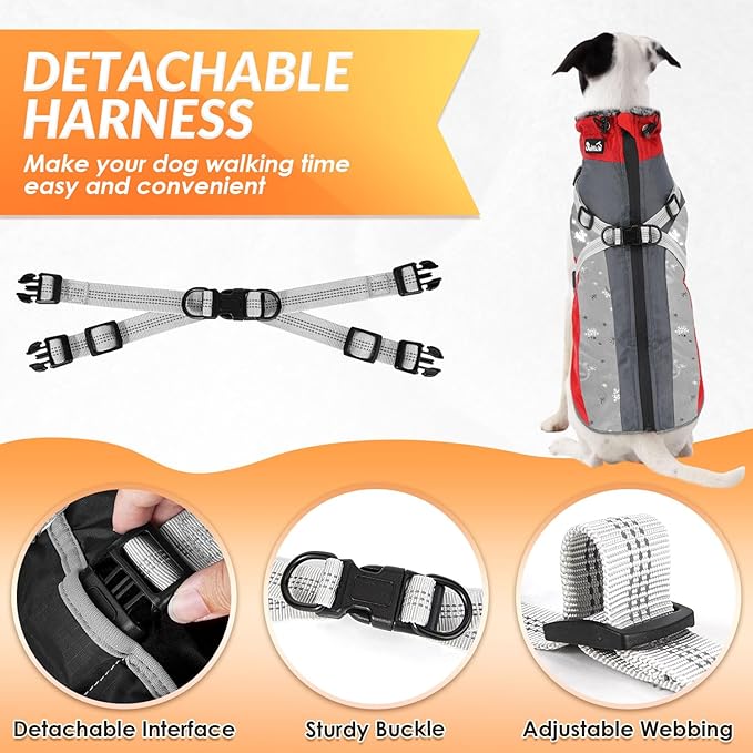 SlowTon Dog Jacket with Harness Built in - Waterproof Fleece Winter Warm Dog Coats for Small Medium Dogs, Reflective Adjustable Furry Puppy Vest Clothes for Outdoor Walking (Red & Black,S)