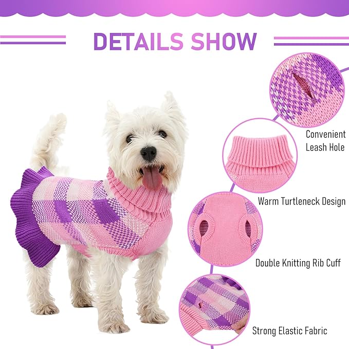 Dog Sweater Dress Plaid Knitwear for Small Medium Dogs Warm Puppy Pet Turtleneck Stretch Pullover Cute Fall Winter Vest Clothes with Leash Hole for Christmas (Purple, 2XS)