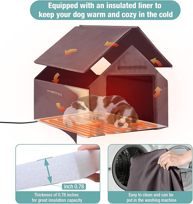 Insulated Dog House with Heating Pad, Weatherproof Outdoor Kennel for Large Dogs, Chew-Resistant Iron Frame & Asphalt Roof (Grey-H, L)
