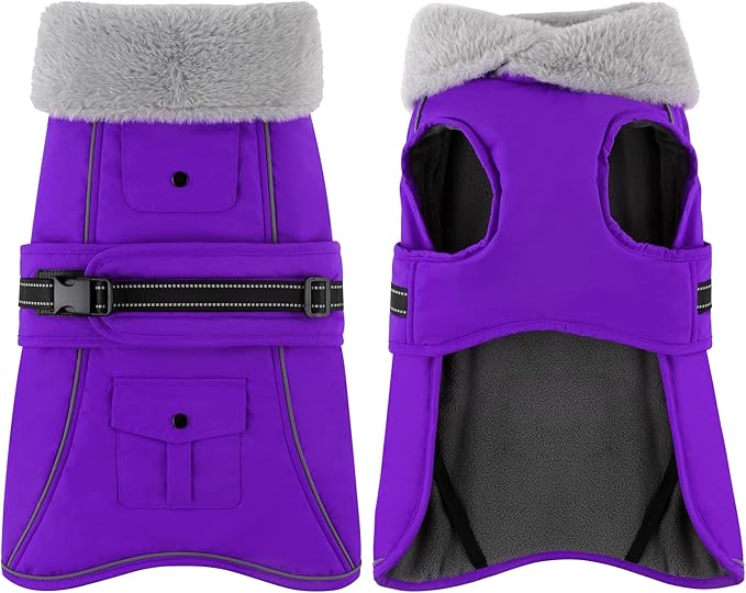 Dogcheer Dog Coat with Pocket, Waterproof Dog Jacket with Adjustable Buckle, Reflective Puppy Winter Coat Warm Turtleneck Fleece SnowJacket for Small Medium Large Dogs - Purple L