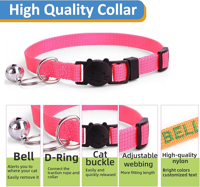 Personalized Cat Collars, Embroidered with Pet Name and Phone Number, Adjustable Nylon Breakaway Safety Release Buckle ID Collar,Custom Text with Bell for Cat or Kitten,Black