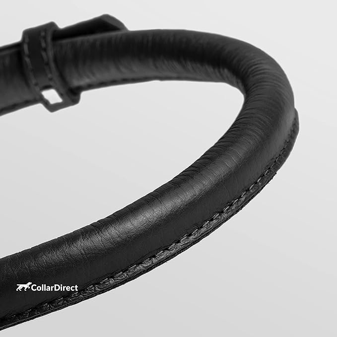 CollarDirect Rolled Leather Dog Collar, Soft Padded Round Puppy Collar, Handmade Genuine Leather Collar Dog Small Large Cat Collars 13 Colors (13-16 Inch, Black Textured)