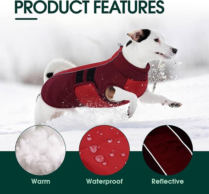 Kuoser Dog Jacket, Winter Dog Coats for Medium Dogs, Reflective Doggie Cold Weather Coats Pet Clothes, Puppy Snow Jacket for Frech Bulldog, Boston Terrier, Red M