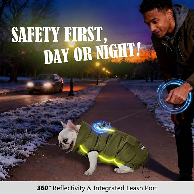 Dog Winter Jacket Waterproof, Reflective Fleece Lined Dog Coats for Small Medium Large Dogs, Warm Snow Coat for Dogs, Insulated Cold Weather Dogs Puffer Jackets with Leash Hole, Olive, L