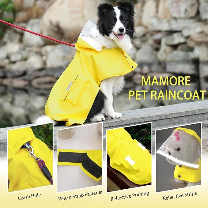 Dog Raincoat Waterproof, Adjustable Reflective Hooded Dog Rain Poncho with Leash Hole for Small Medium Large Dogs (Yellow, X-Small)