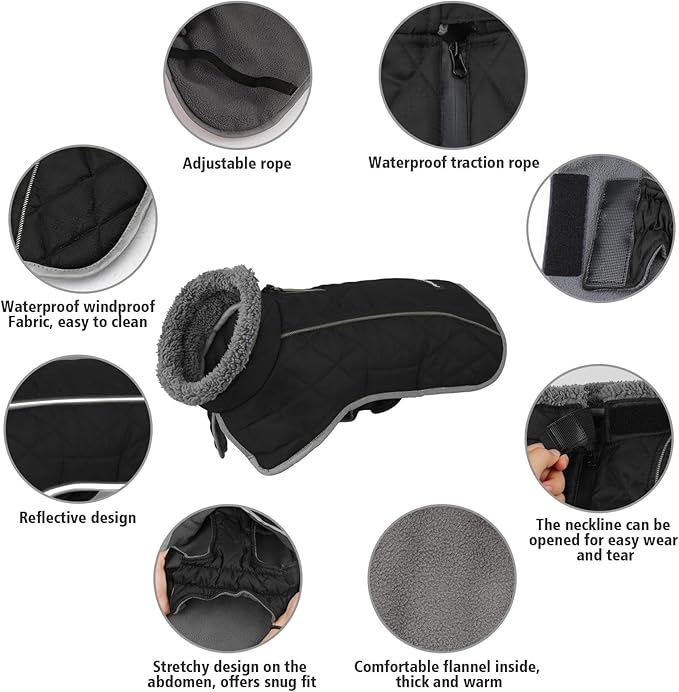 Fragralley Dog Coat Large, Waterproof Dog Jacket with Warm Fleece Lining, Adjustable Reflective Dogs Winter Coat, Turtleneck Pet Coats for Cold Weather (Black XXXL)