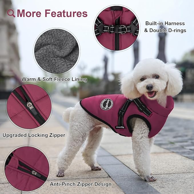 Dog Winter Coat, Warm Jacket Reflective Adjustable Fleece Vest with Harness, Waterproof Windproof Snow Jacket for Small Medium Dogs, Purple XS