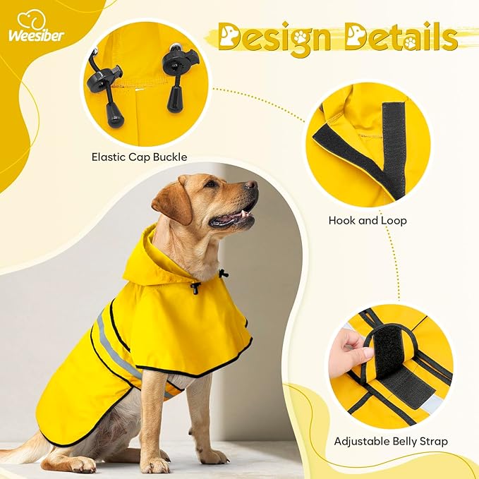 Weesiber Dog Raincoat, Adjustable Waterproof Dog Rain Jacket Poncho with Reflective Strip and Leash Hole, Lightweight Pet Rain Coat for Small to X-Large Dogs (XL, Yellow)