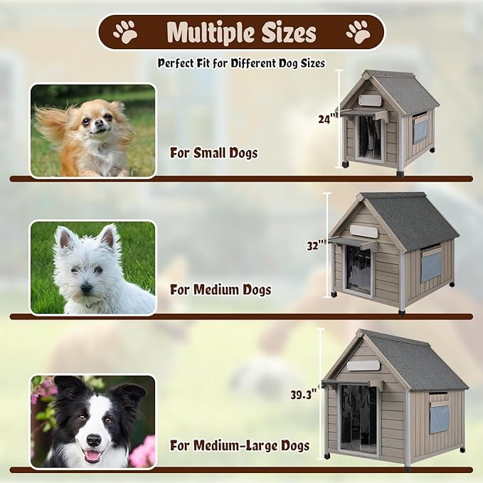 Dog House Outdoor Weatherproof,Wooden DogHouses for Medium Small Dogs, Indoor & Outdoor with Anti-Chewing Iron Frame, Ventilated Window, Easy Assemble, 26" L x 32" W x32 H