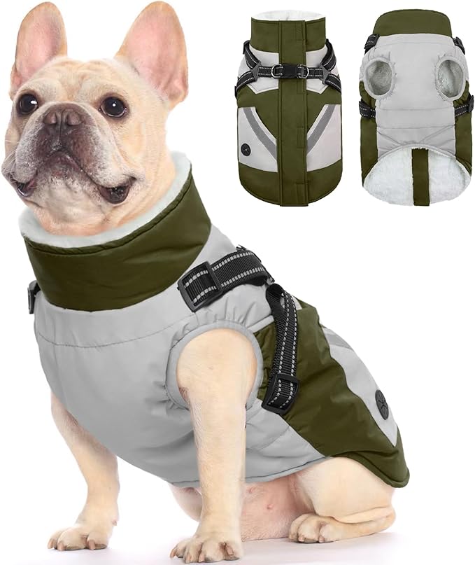 FUAMEY Dog Winter Jackets for Medium Dogs,Dog Coat with Harness Built in,Waterproof Dogs Snowsuits Warm Pet Jacket Zip Up Fleece Cold Weather Coats Reflective Puppy Vest with Pocket Green M
