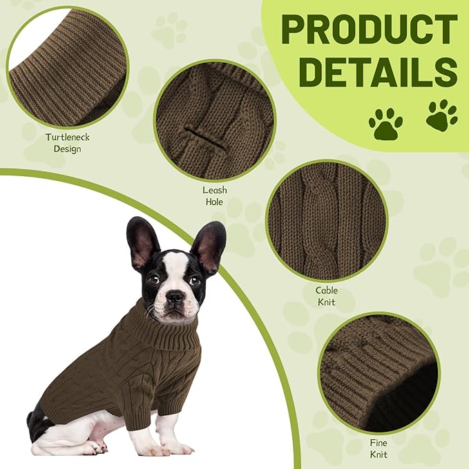 Small Dog Thermal Pullover Sweater, Classic Turtleneck Cable Knitwear Dog Clothes for Cold Weather Warm Pet Clothes for Chihuahua, Bulldog, Dachshund, Pug Tan Small