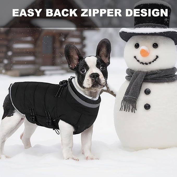 Medium Dog Coat with Harness Built-in, Waterproof Reflective Fleece Lined - Warm Windproof Winter Jacket with Back Zipper, Cold Weather Snow Dog Coats - Black - M