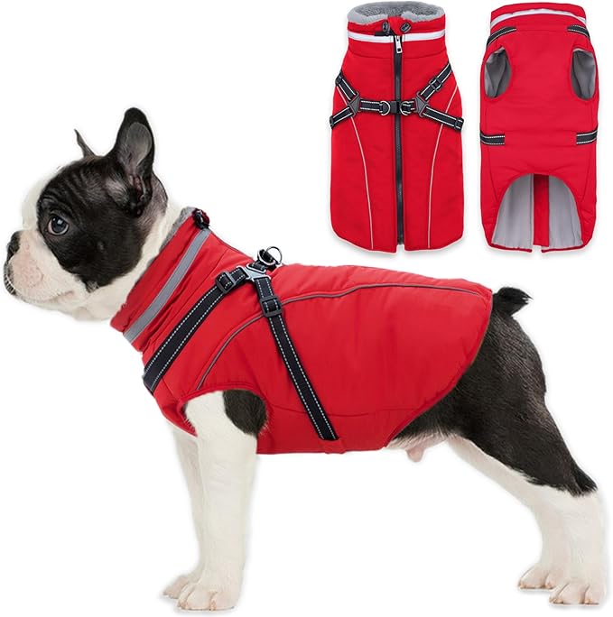 Fragralley Dog Coat with Harness Built in, Waterproof Windproof Reflective Warm Puffer Jacket, Fleece Lined Vest Winter Parka for Small, Medium, Large Dogs