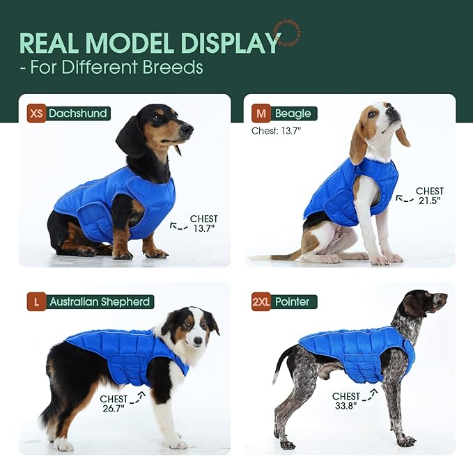 Kuoser Dog Puffer Jacket Warm Dog Coat for Medium Large Dogs, Windproof Reflective Pet Padded Vest Cold Weather Clothes Puppy Snowsuit with Hook & Loop Coats, Easy On/Off, Blue L