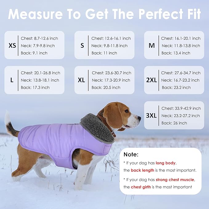 Dog Winter Coat, Waterproof Dog Jacket with Leash Hole, Reflective Adjustable Pet Snow Vest, Warm Fleece Sweater for Small Medium Large Dogs - Light Purple, S
