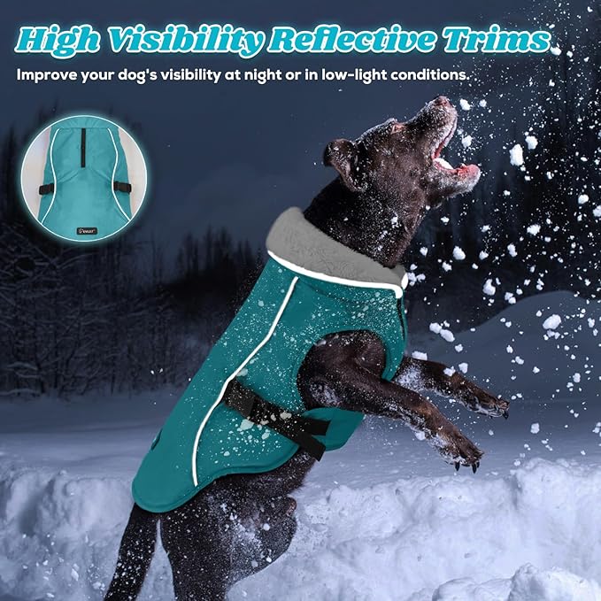 EMUST Dog Cold Weather Coats, Fleece Lining Small/Medium/Large Dog Jacket for Winter, Warm Waterproof Pet Winter Clothes for Large Dogs, Turquoise, XL