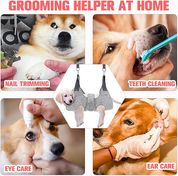 PAWCHIE Dog Grooming Hammock Harness for Dogs & Cats with Pet Nail Clipper Trimmer,Cat Hanger Sling for Trimming Clipping Nails,Warm Plush Dog Hammock Restraint Bag for Small Medium Large Dogs,Grey XS