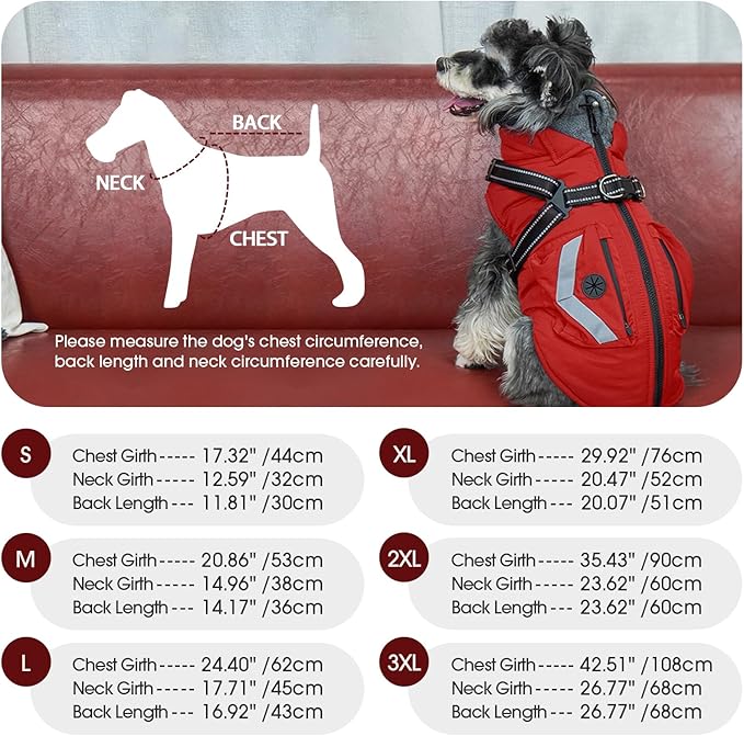FUAMEY Dog Harness Coat 3X Large, Winter Jacket for Dogs Cold Weather Vest Reflective Strips, Warm Doggy Clothes Winter Suit Waterproof, Cozy Outfits for Large Doggies, Golden Retriever (Red, 3XL)