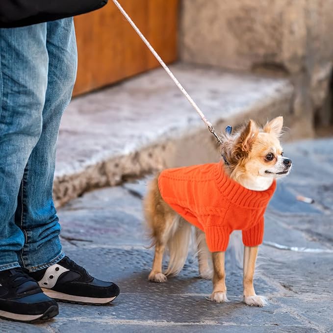 Queenmore Small Dog Pullover Sweater, Cold Weather Cable Knitwear, Classic Turtleneck Thick Warm Clothes for Chihuahua, Bulldog, Dachshund, Pug (Orange, Small)